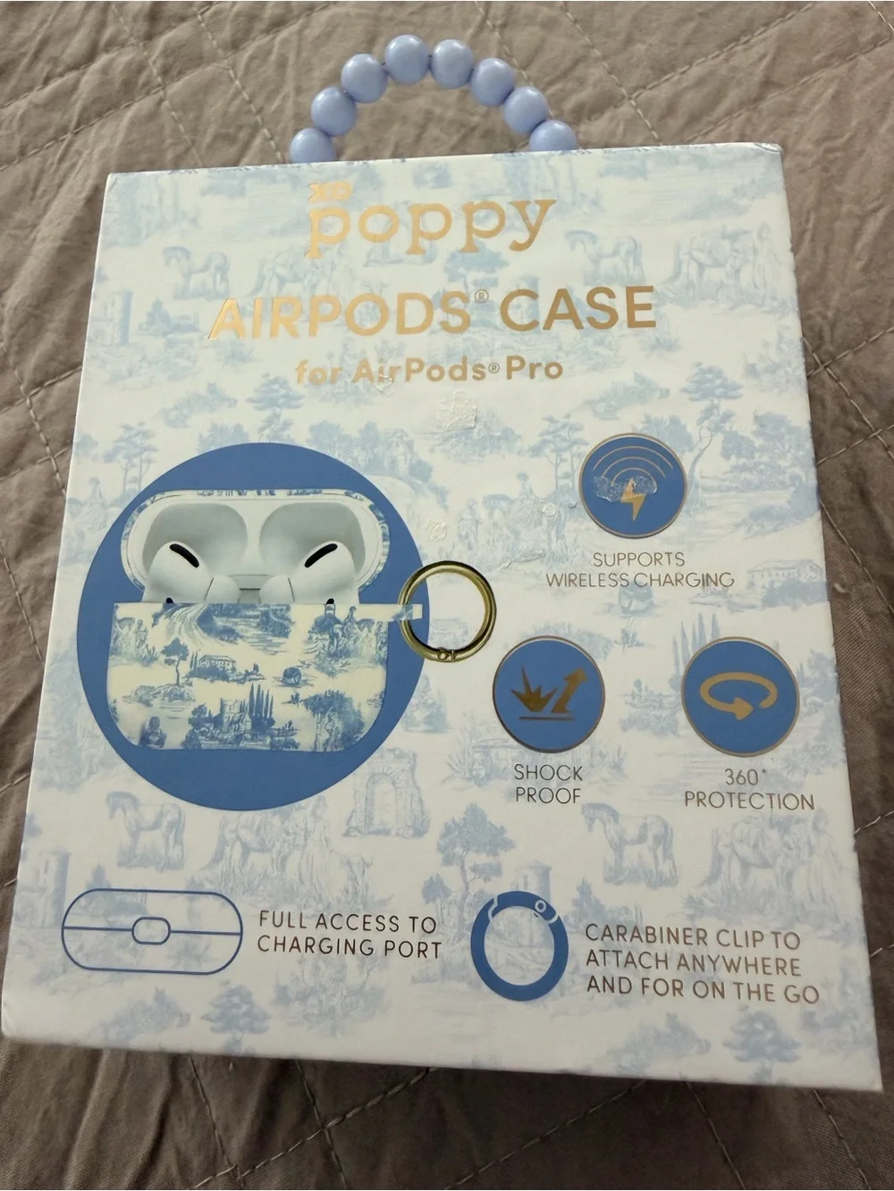 Poppy Blue Toile AirPods Pro Case with Gold Clip